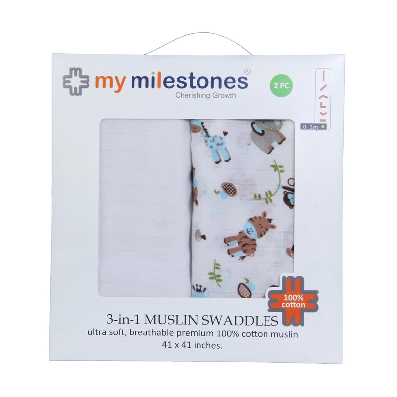 My Milestones 100% Cotton 3 in 1 Muslin Double Cloth (2 Layers) Baby Swaddle Wrapper – Pack of 2 – Zoo print Blue