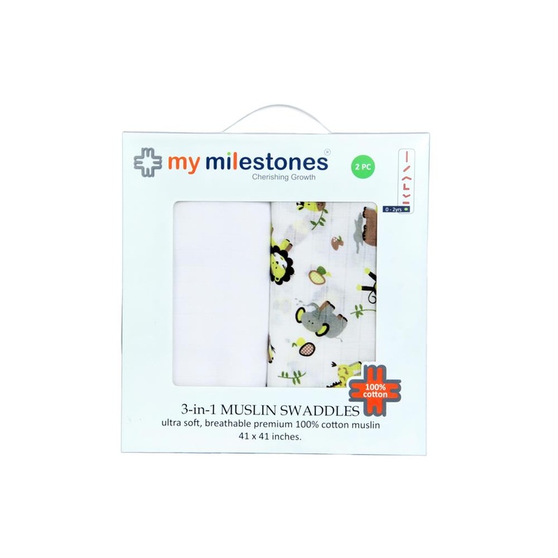 My Milestones 100% Cotton 3 in 1 Muslin Double Cloth (2 Layers) Baby Swaddle Wrapper – Pack Of 2 – Zoo Print Lemon Yellow