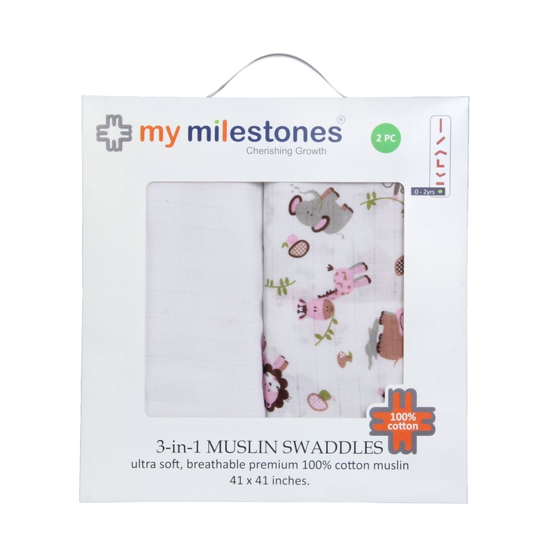 My Milestones 100% Cotton 3 in 1 Muslin Double Cloth (2 Layers) Baby Swaddle Wrapper – Pack of 2 – Zoo print Pink