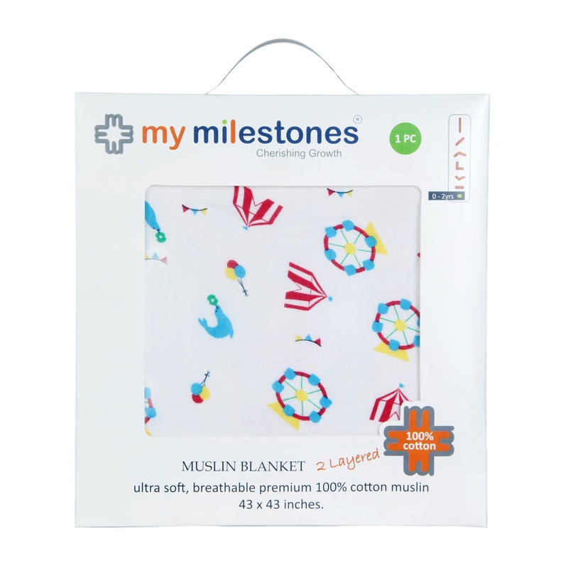 My Milestones 100% Cotton Muslin Baby Blanket – 4 Layered (43×43 inches) – Carnival T. Blue Print