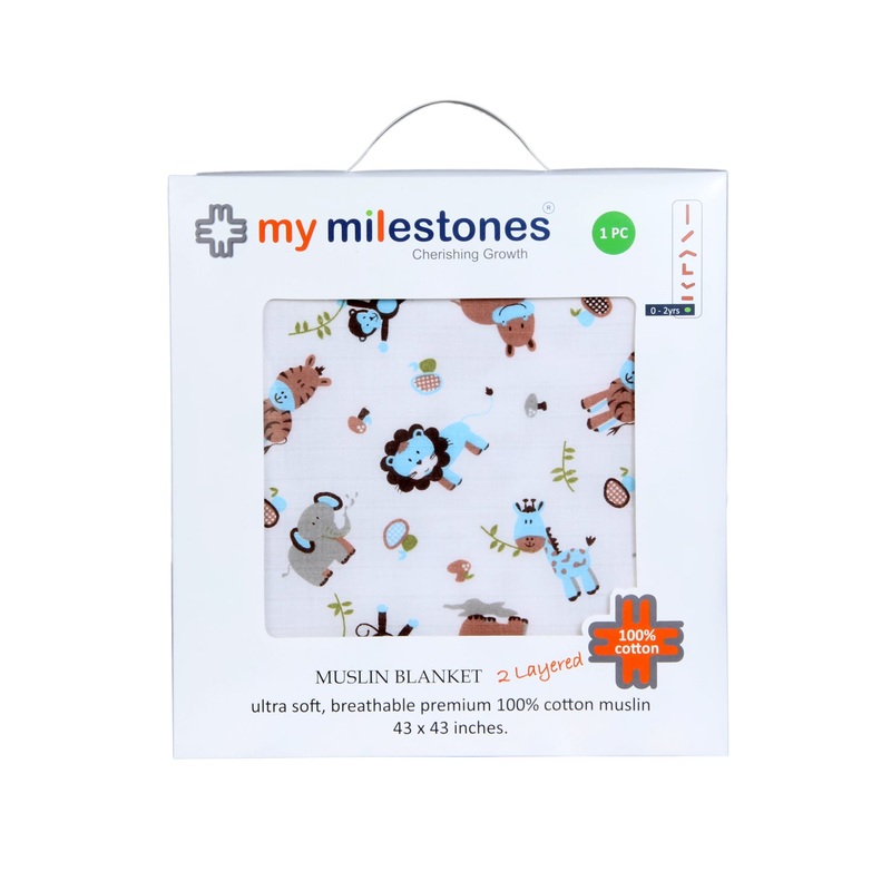 My Milestones 100% Cotton Muslin Baby Blanket – 4 Layered (43×43 inches) – Zoo Print Blue