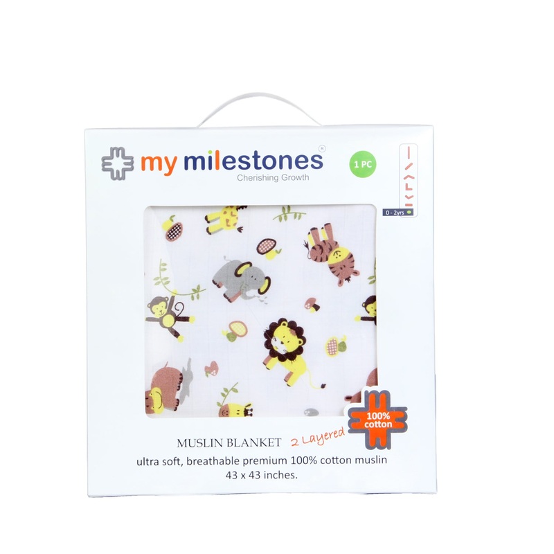 My Milestones 100% Cotton Muslin Baby Blanket – 4 Layered (43×43 inches) – Zoo Print Yellow
