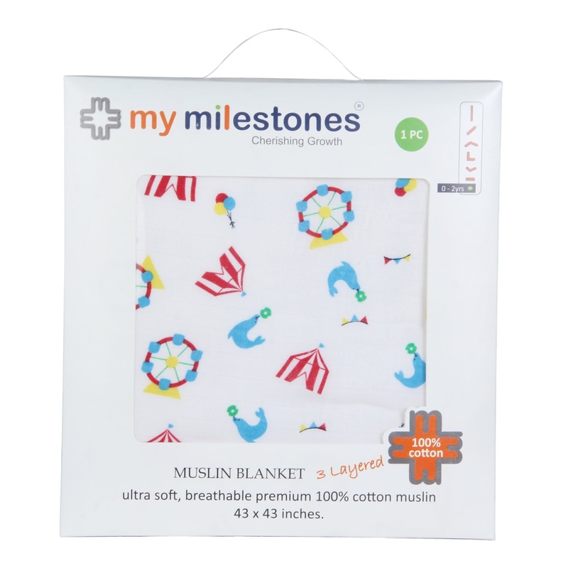 My Milestones 100% Cotton Muslin Baby Blanket – 6 Layered (43×43 inches) – Carnival T. Blue Print