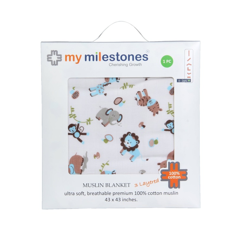 My Milestones 100% Cotton Muslin Baby Blanket – 6 Layered (43×43 inches) – Zoo Print Blue