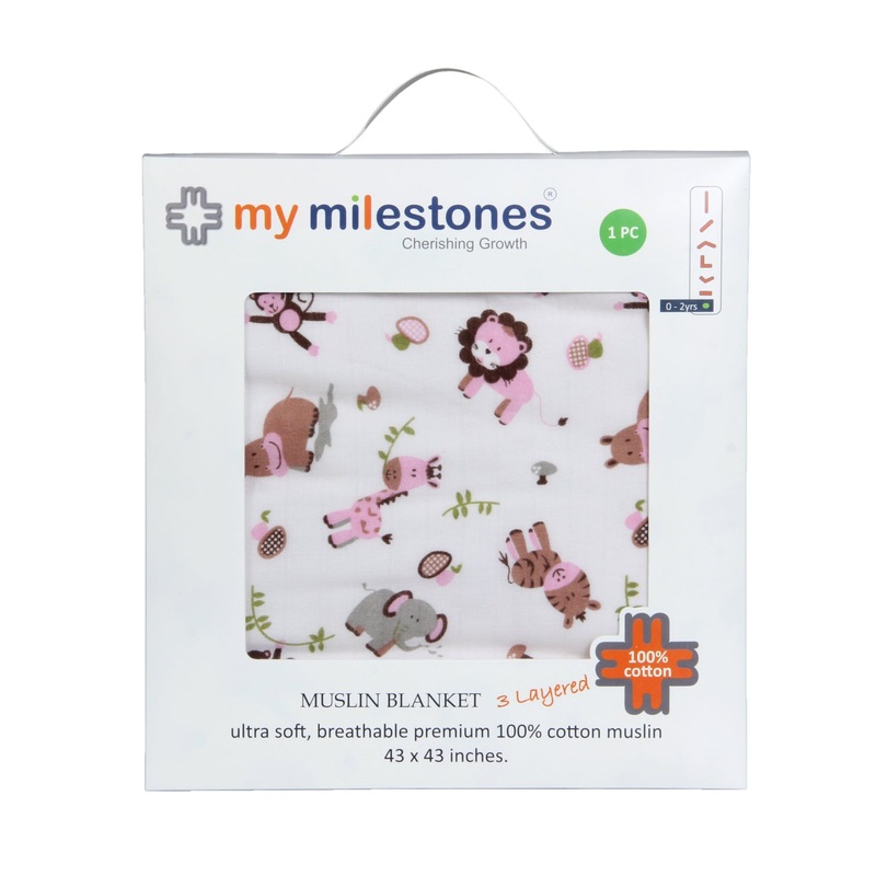 My Milestones 100% Cotton Muslin Baby Blanket – 6 Layered (43×43 inches) – Zoo Print Pink