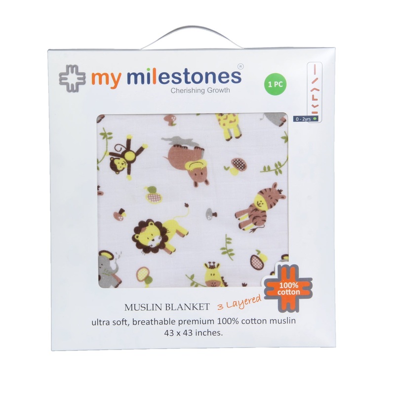 My Milestones 100% Cotton Muslin Baby Blanket – 6 Layered (43×43 inches) – Zoo Print Yellow
