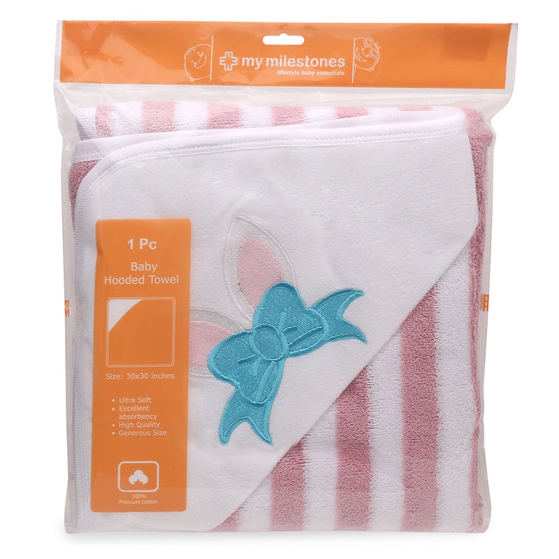 My Milestones Baby Hooded Towel – Modern stripped – Pink / White