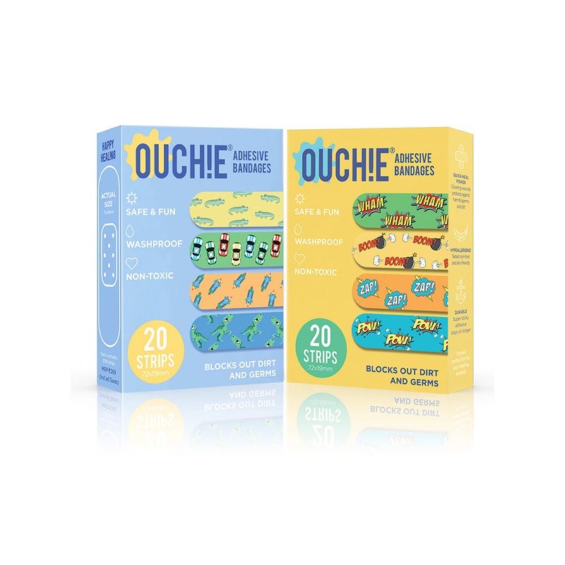 Ouchie Non-Toxic Printed Bandages Combo Set of 2 (40 Pack) – Blue & Yellow