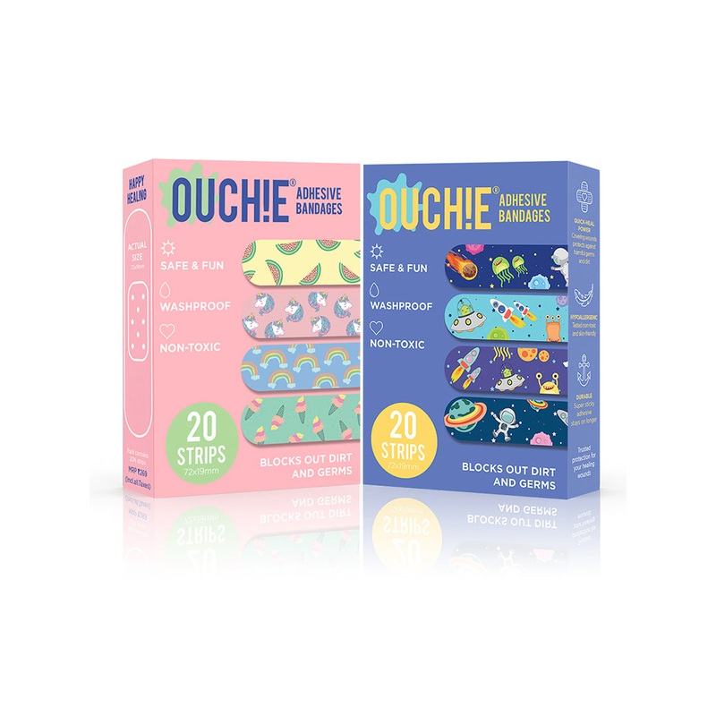 Ouchie Non-Toxic Printed Bandages Combo Set of 2 (40 Pack) – Pink & Space Blue