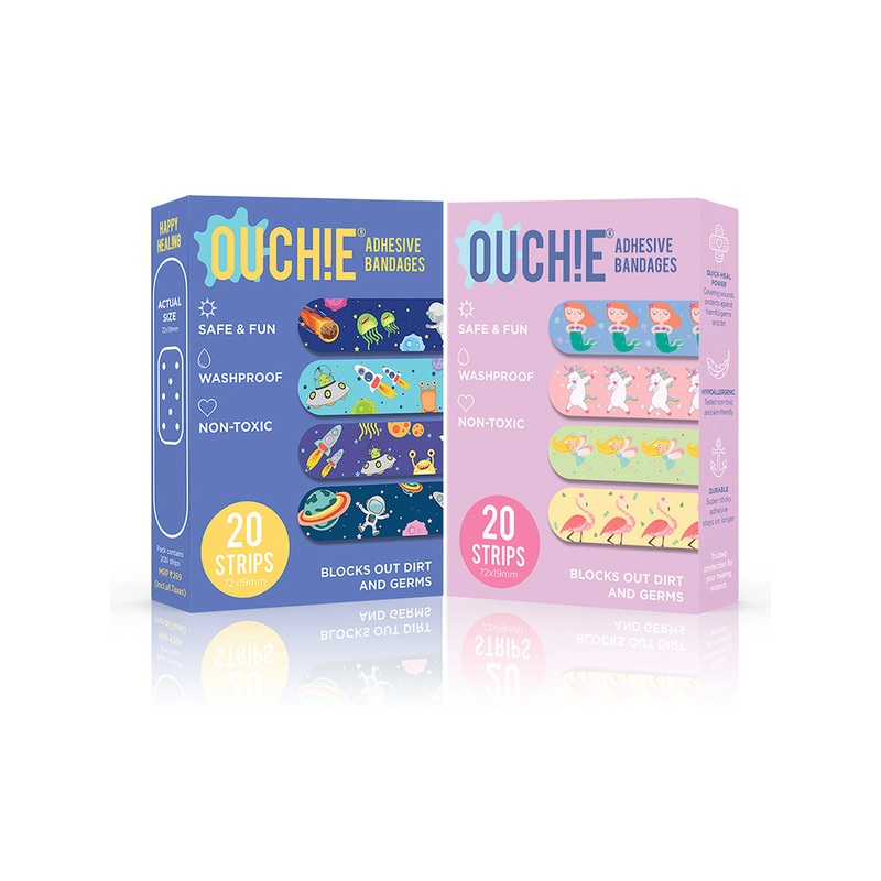 Ouchie Non-Toxic Printed Bandages Combo Set of 2 (40 Pack) – Space Blue & Lavender
