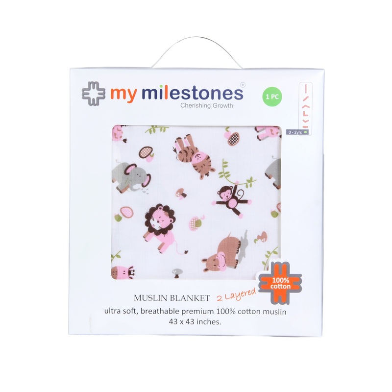 My Milestones 100% Cotton Muslin Baby Blanket – 4 Layered (43×43 inches) – Zoo Print Pink