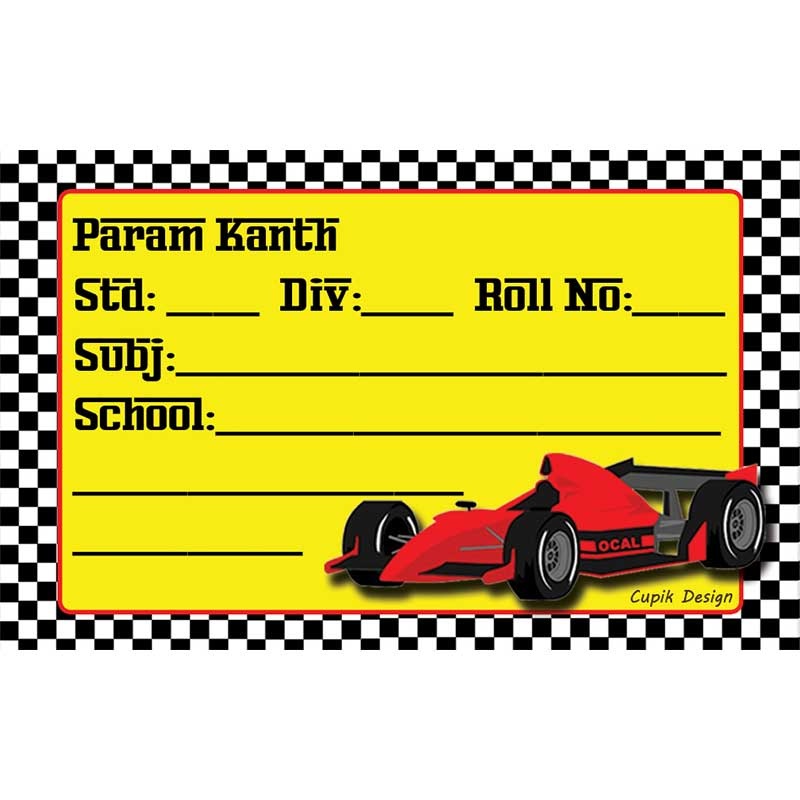 Personalised School Book Labels – Race Car, Pack of 20