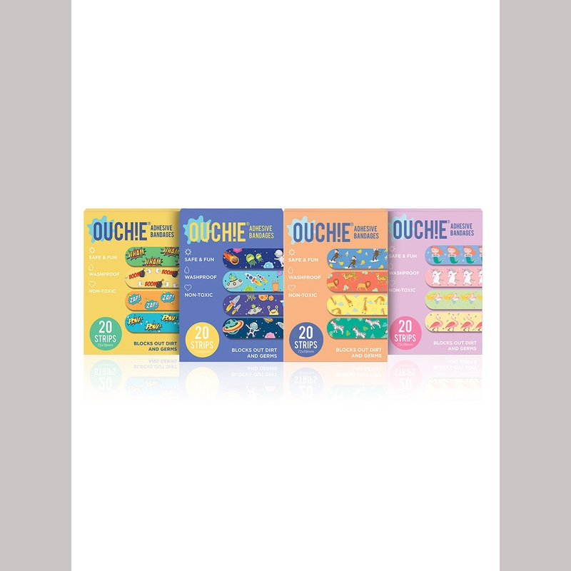 AYA PAPAYA Ouchie NON-TOXIC Printed JUMBO Pack  (80 PACK) – Yellow, Space Blue, Orange, Lavender