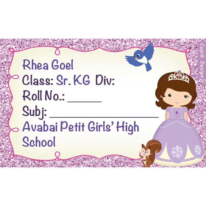 Personalised School Book Labels – Purple Princess, Pack of 20