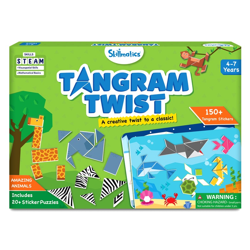Skillmatics Art & Craft Activity – Tangram Twist Amazing Animals, STEAM Toy, Craft Kits, Puzzles, DIY Activity, No Mess Sticker Art, Educational for Boys & Girls, Gifts for Ages 4, 5, 6, 7