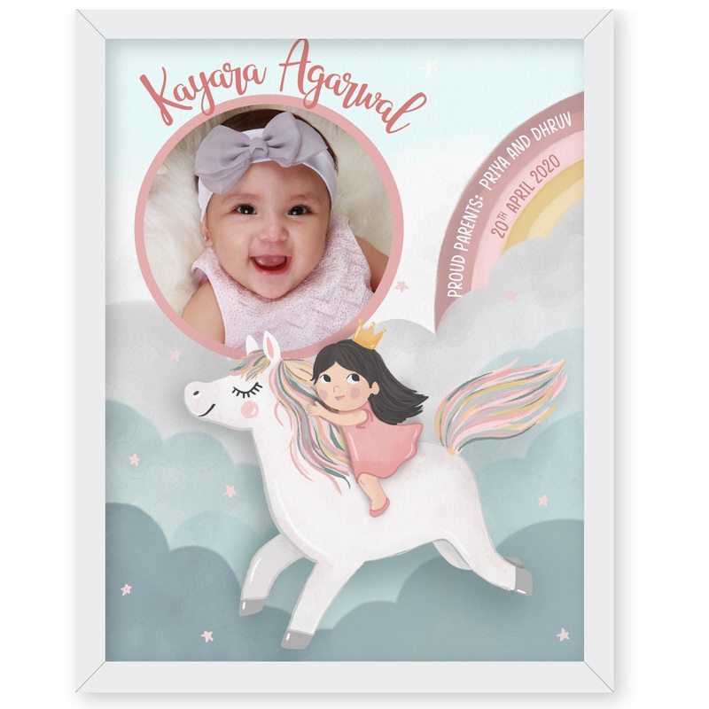 Illustrated Baby Girl Birth Detail Frame – Unicorn Skies