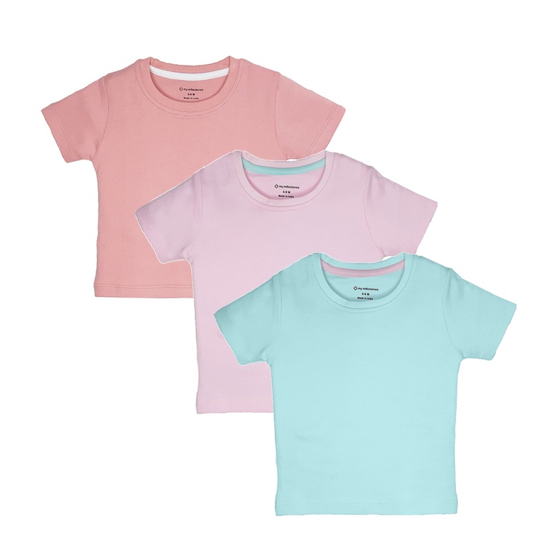My Milestones Round Neck T-Shirt HS Solid Aqua / Peach / Pink – 3 Pc Pack