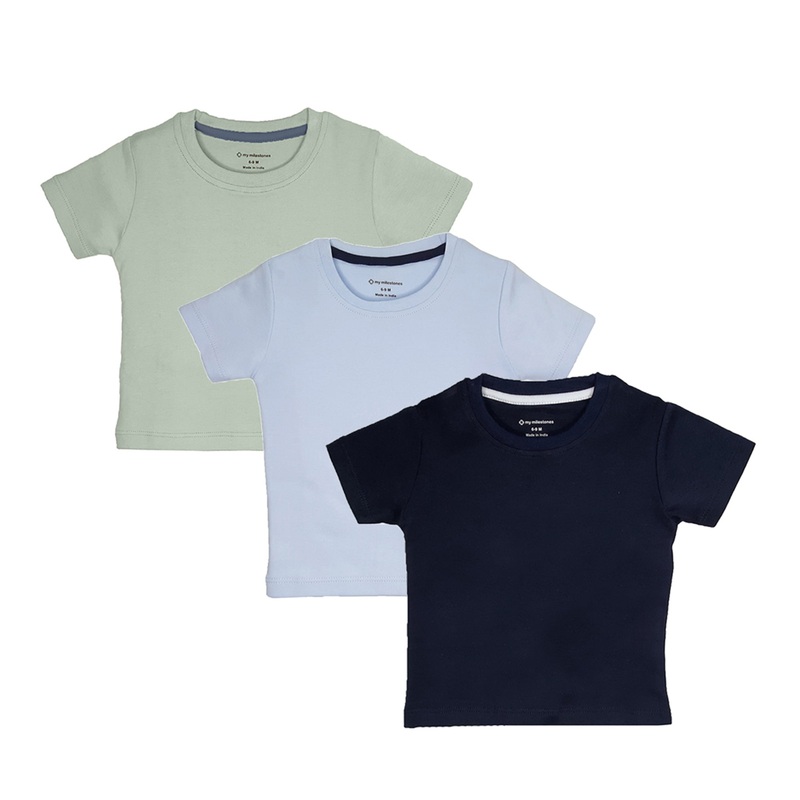 My Milestones Round Neck T-Shirt HS Solid Navy Blue / B. Blue / S. Green – 3 Pc Pack