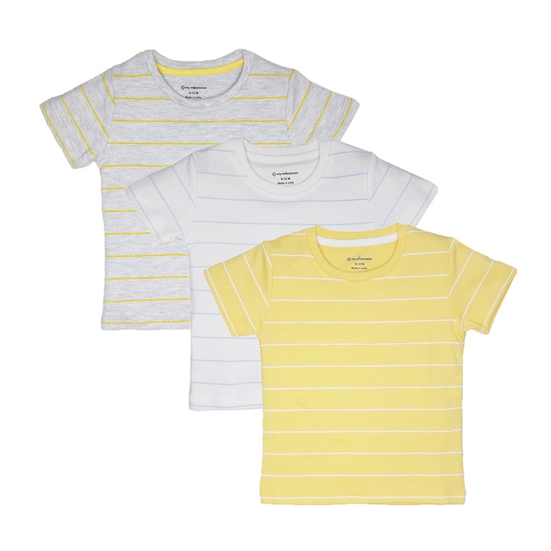 My Milestones Round Neck T-Shirt HS Stripes Yellow / White / Grey – 3 Pc Pack
