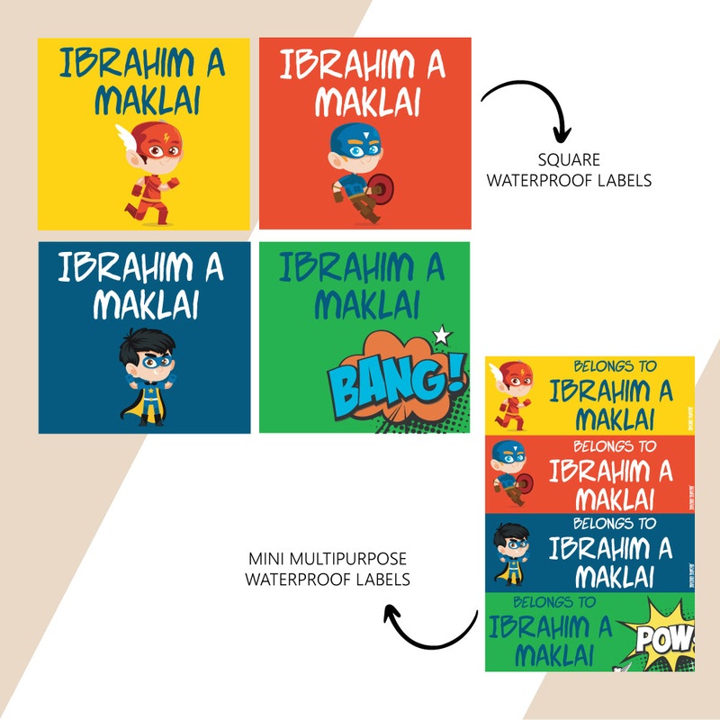 Waterproof Name Stickers – Comic Superhero