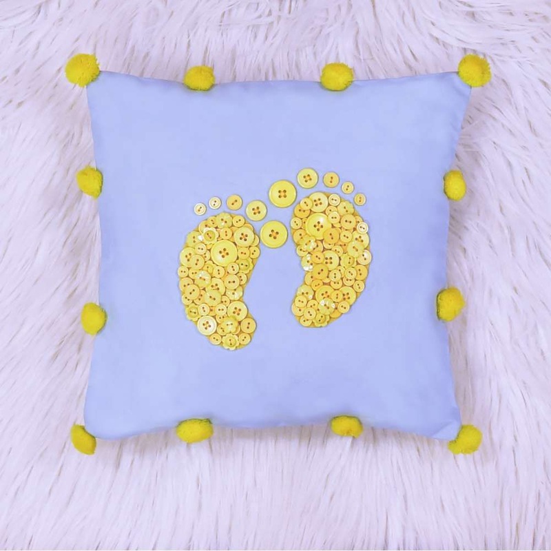 Happy Feet Button Cushion – Yellow Buttons On Light Blue Base