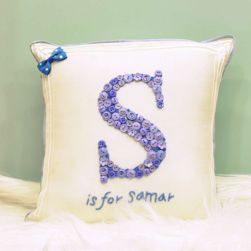 Monogrammed Button Cushion – Blue