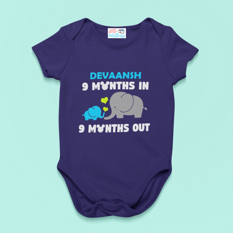 Monthly Birthday – 9 Months In 9 Months Out – Elephant Onesie – Navy Blue
