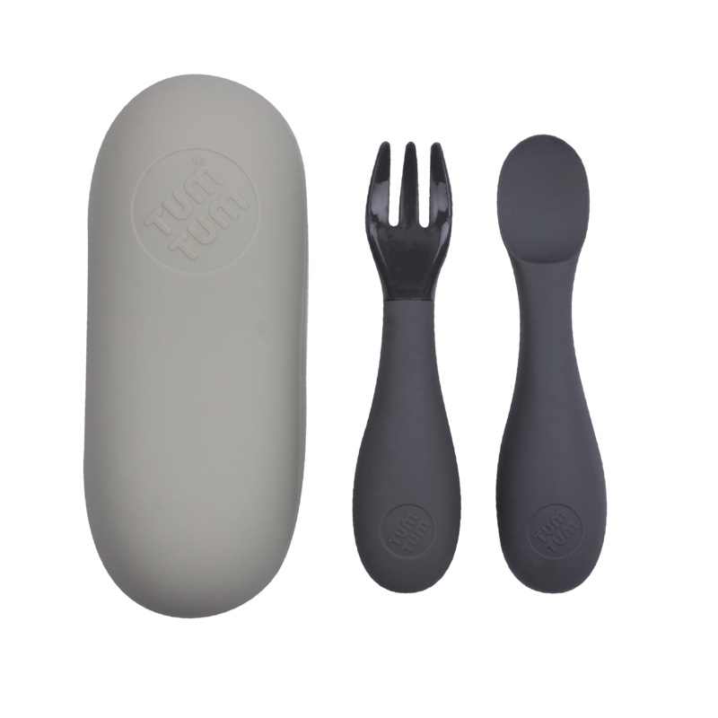TUM TUM Baby Cutlery With Case, Baby Spoon & fork Set, Baby Cutlery For Babies, First Self Feeding Cutlery, 6m+,Grey