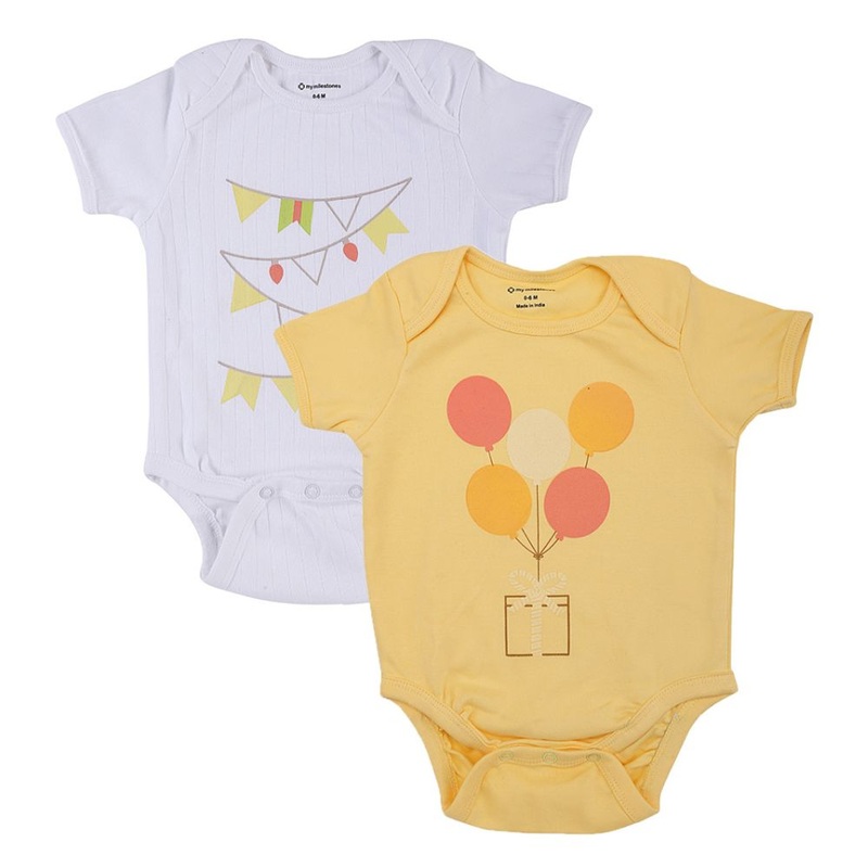 My Milestones Bodysuit Half Sleeves White / Yellow – 2 Pc Pack