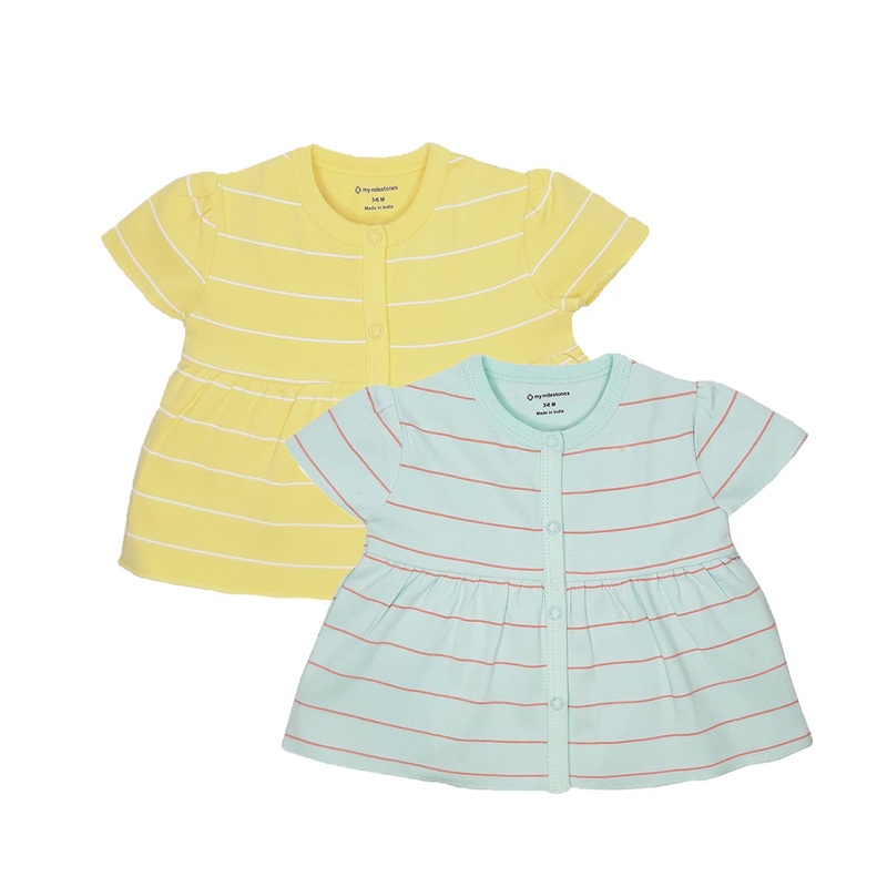 My Milestones T-shirt Half Sleeves Girls Yellow Striped / Aqua Striped – 2 Pc Pack