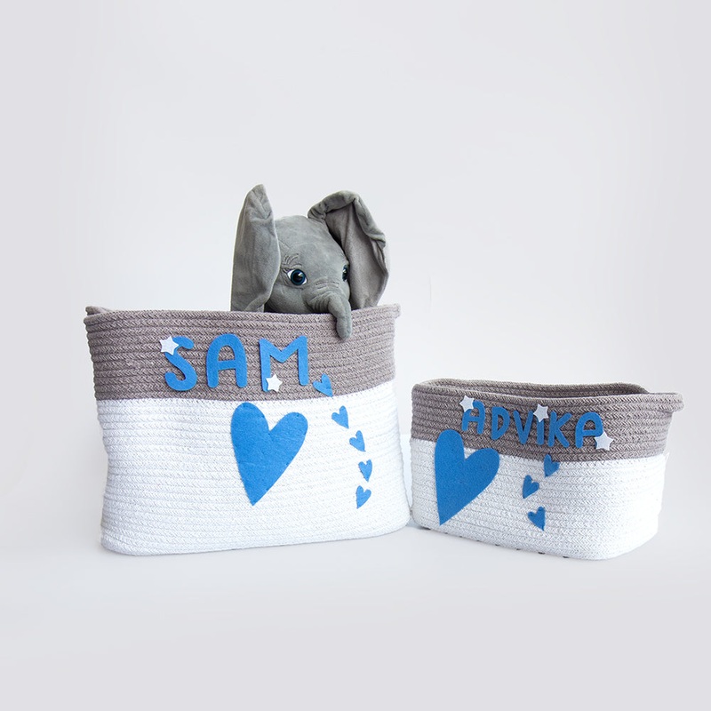 Doodle Hearts- Cotton Rope Basket (Blue – Individual/ Set Of 2)