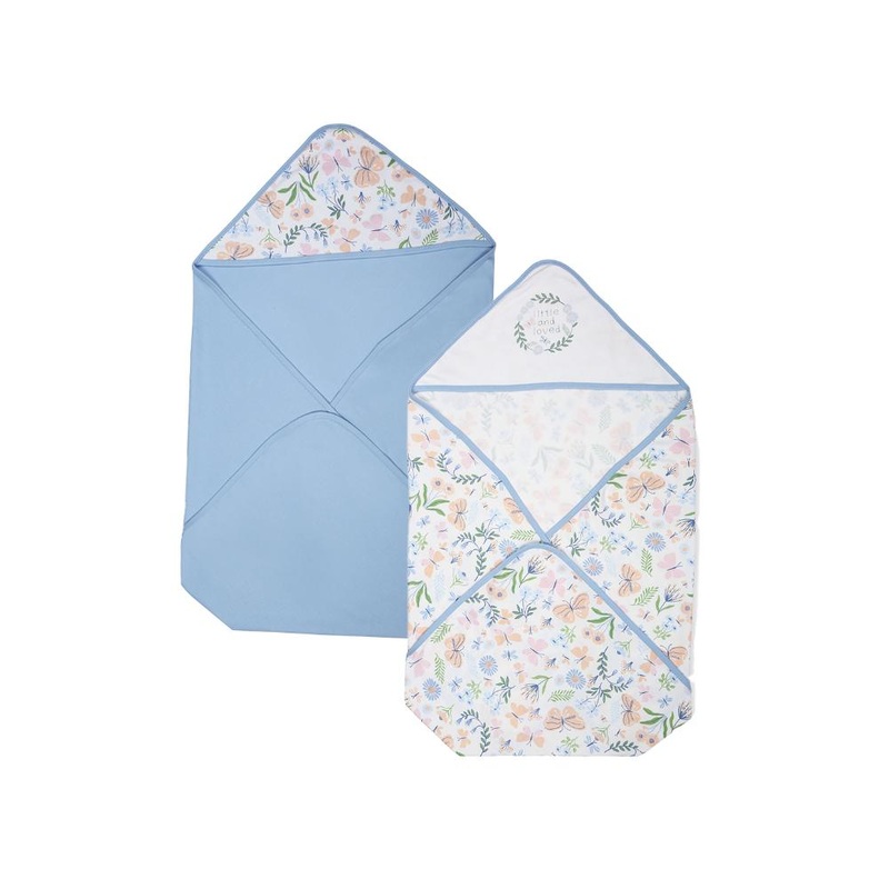 100% Cotton Interlock Hooded Baby Wrapper Butterfly Print & Blue Bell Pack of 2