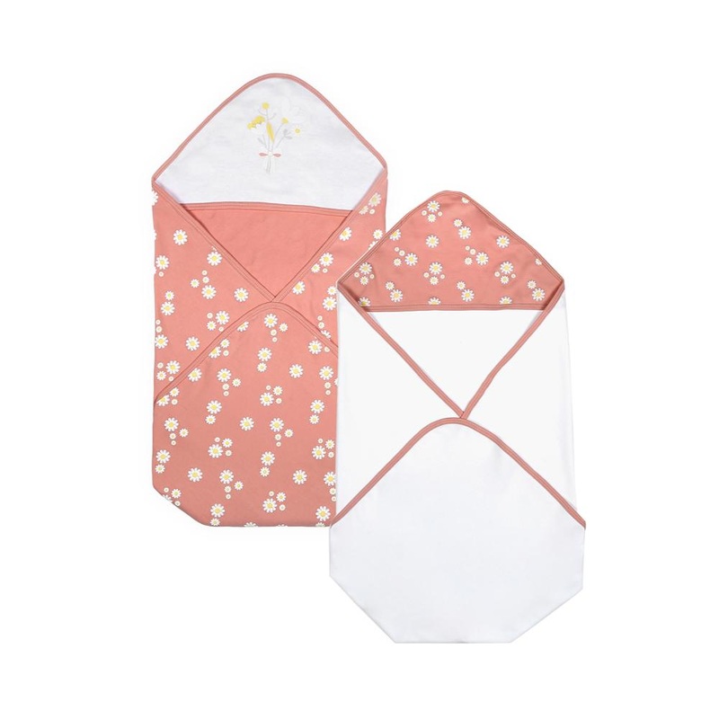 100% Cotton Interlock Hooded Baby Wrapper Daisy Print & White Pack of 2