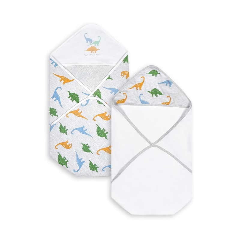 100% Cotton Interlock Hooded Baby Wrapper Dino Print & White Pack of 2