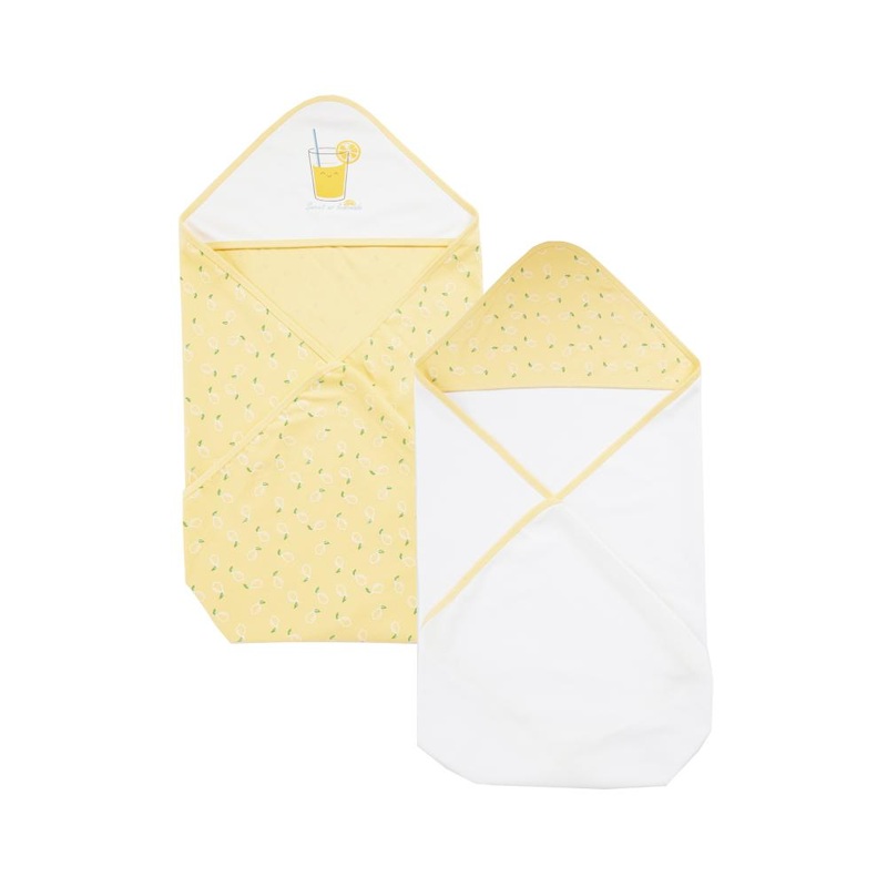 100% Cotton Interlock Hooded Baby Wrapper Lemon Print & White Pack of 2