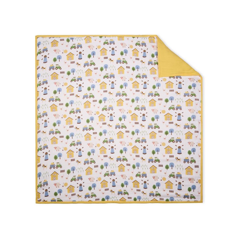 100% Premium Cotton 4/6 Layered Baby Muslin Blanket Barnyard Print & Yellow – (43×43 Inches)