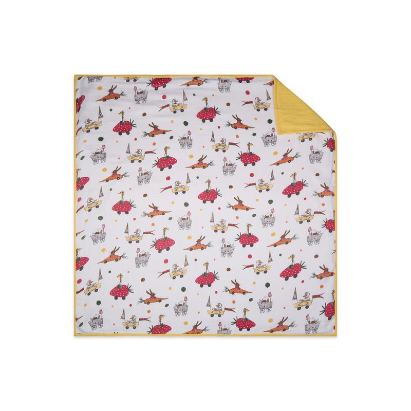 100% Premium Cotton 4/6 Layered Baby Muslin Blanket Racing Car Print – Yellow – (43×43 Inches)