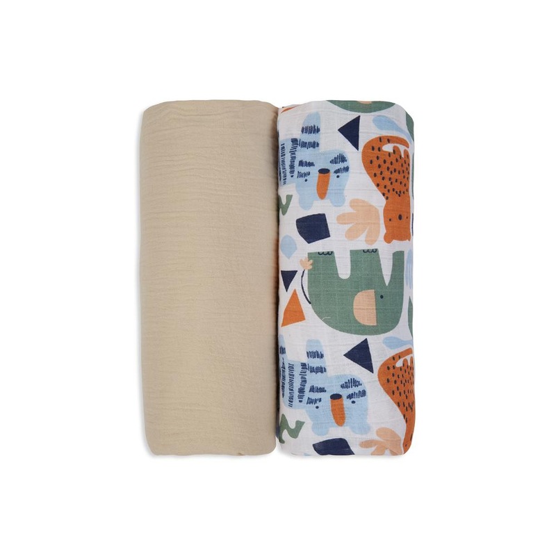 3 in 1 Muslin Swaddle Wrapper Pack of 2 (Size 41×41 Inches) Animal Print & Oatmeal
