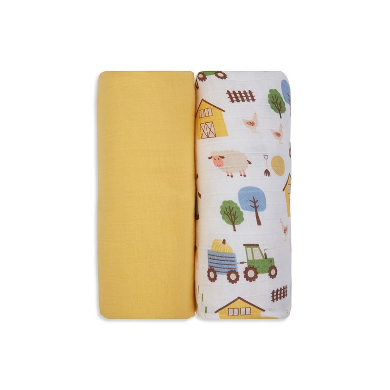 3 in 1 Muslin Swaddle Wrapper Pack of 2 (Size 41×41 Inches) Barnyard Print & Yellow