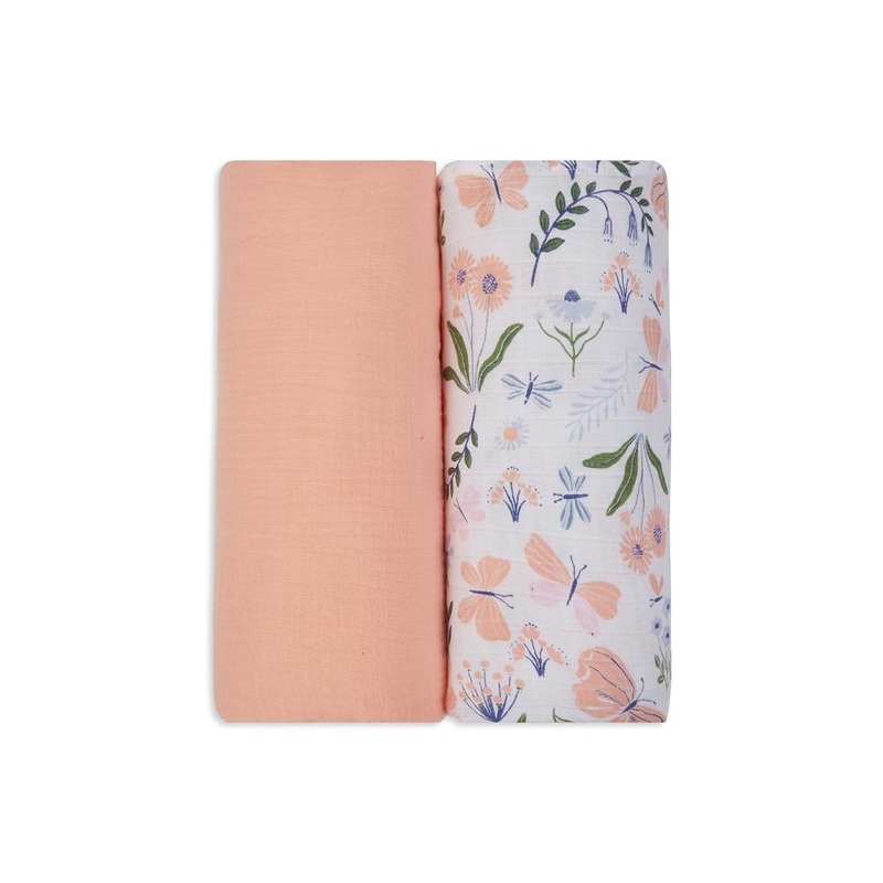 3 in 1 Muslin Swaddle Wrapper Pack of 2 (Size 41×41 Inches) Butterfly Print & Peach