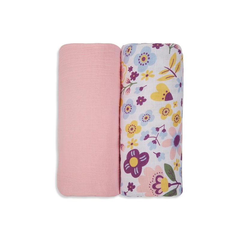 3 in 1 Muslin Swaddle Wrapper Pack of 2 (Size 41×41 Inches) Floral Print & Pink