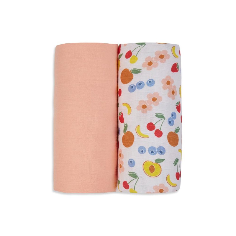 3 in 1 Muslin Swaddle Wrapper Pack of 2 (Size 41×41 Inches) Fruit Print & Peach