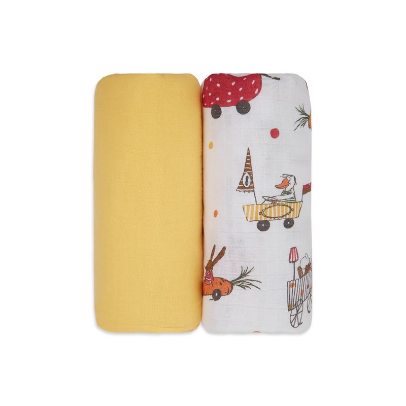 3 in 1 Muslin Swaddle Wrapper Pack of 2 (Size 41×41 Inches) Racing Cars Print & Yellow