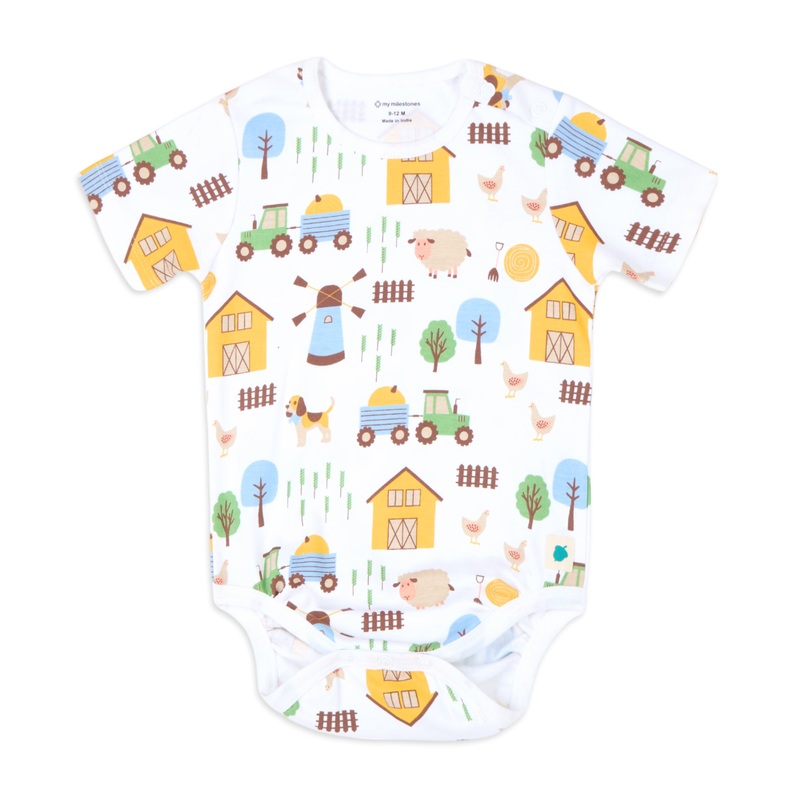 Baby Boy Barnyard Print Half Sleeves Onesie – White