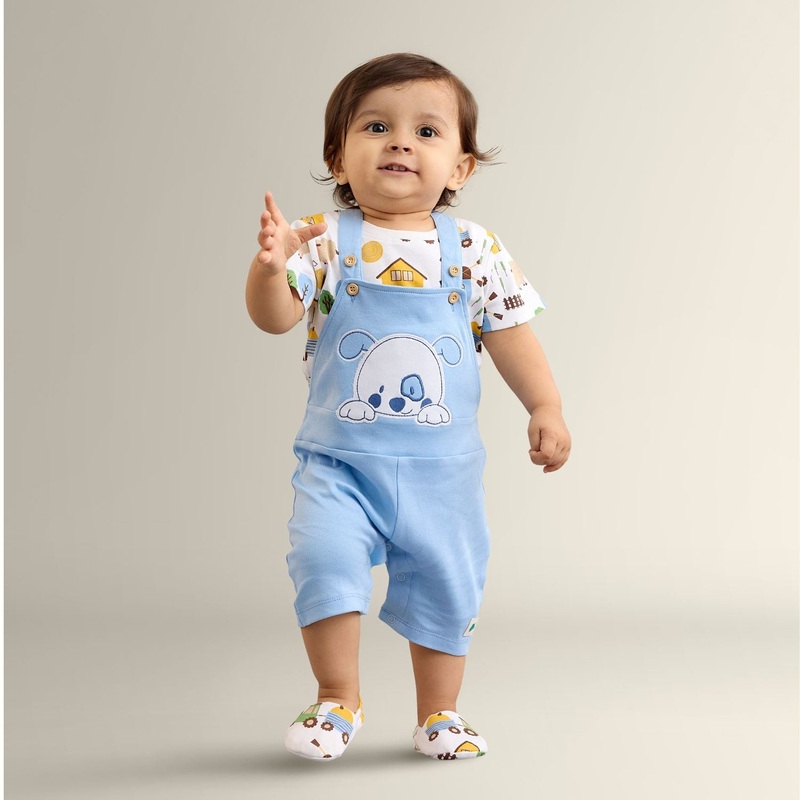 Baby Boy Dog Applique Dungaree With Short Sleeves Tee In Barnyard Print – Blue & White