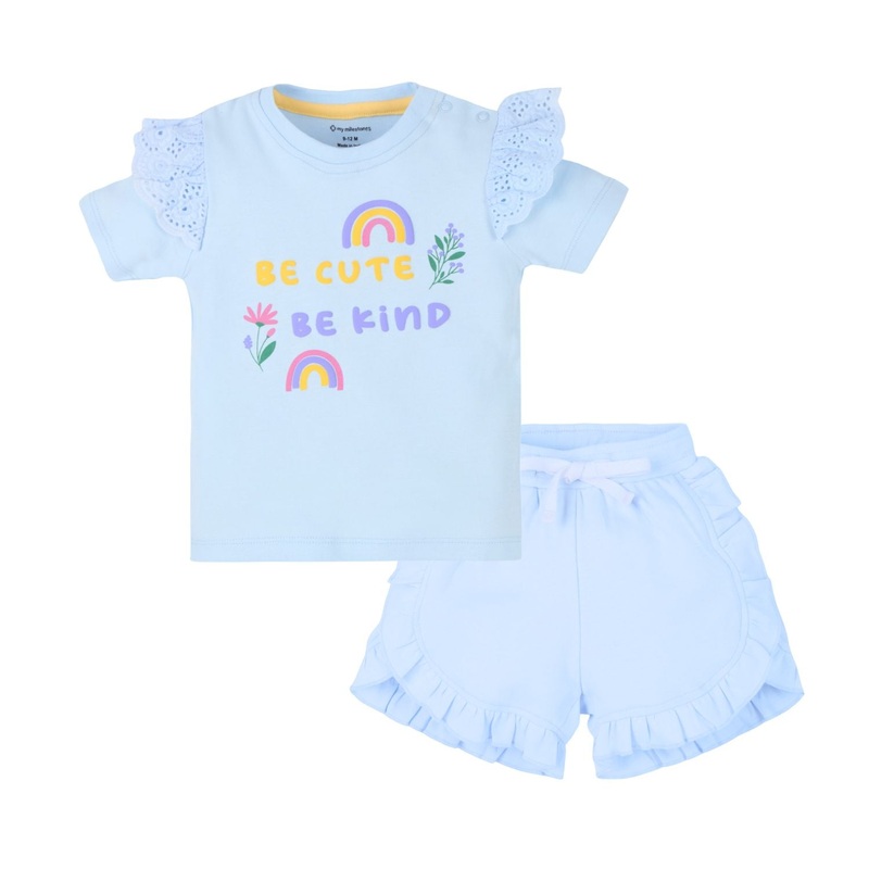 Baby Girl Puff Print Round Neck Tee With Schiffli Details Shorts – Baby Blue