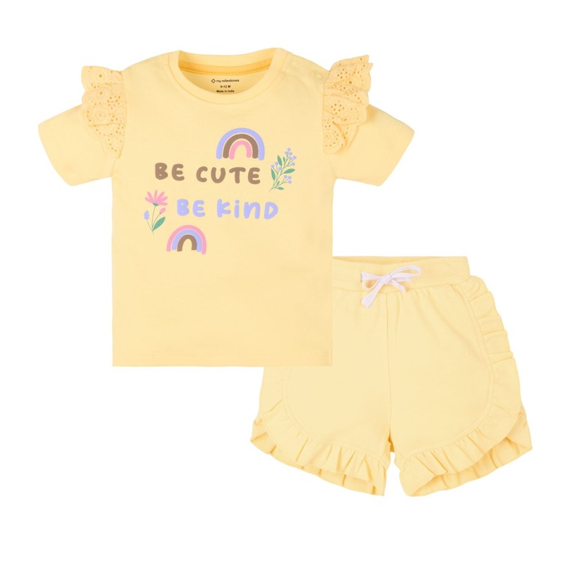 Baby Girl Puff Print Round Neck Tee With Schiffli Details Shorts – Yellow