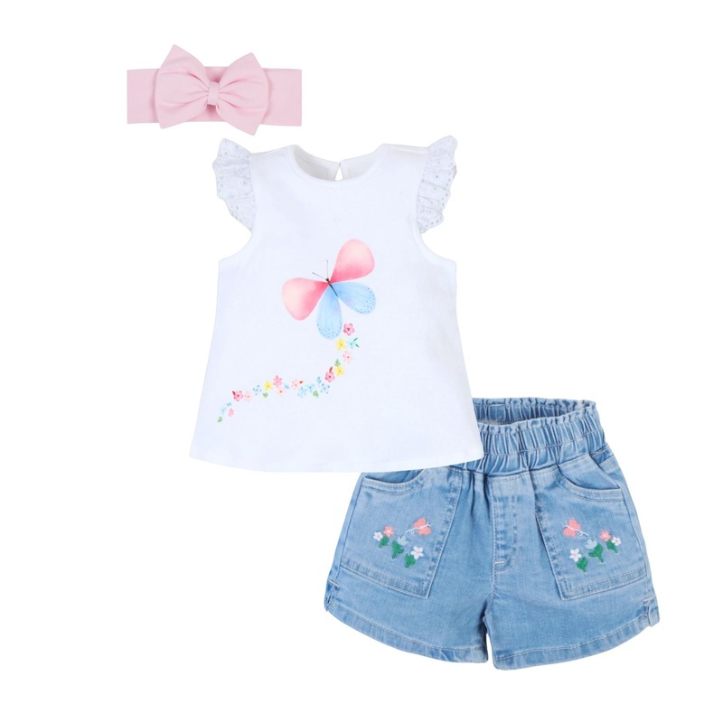 Butterfly Print Tee With Denim Shorts & Hairband – White & Blue