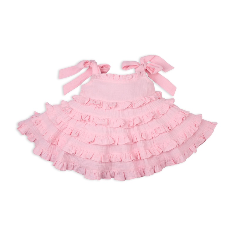 Eva Sleeveless Strap Blossom Dress With Ruffles In Double Cloth – Pink