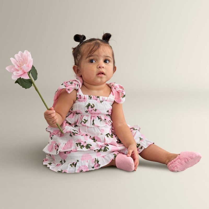 Eva Sleeveless Strap Muslin Dress With Ruffles In Blossom Tea Rose Print – White
